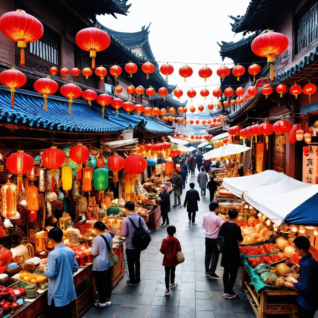 A bustling market scene showcasing vibrant stalls filled with colorful Chinese goods like silk, ceramics, and teas, with happy shoppers exploring the offerings. Include intricate lanterns, traditional umbrellas, and smiling vendors showcasing their products. The atmosphere should be lively and inviting, reflecting a blend of affordability and high-quality craftsmanship. super-realistic. vibrant colors. white background.