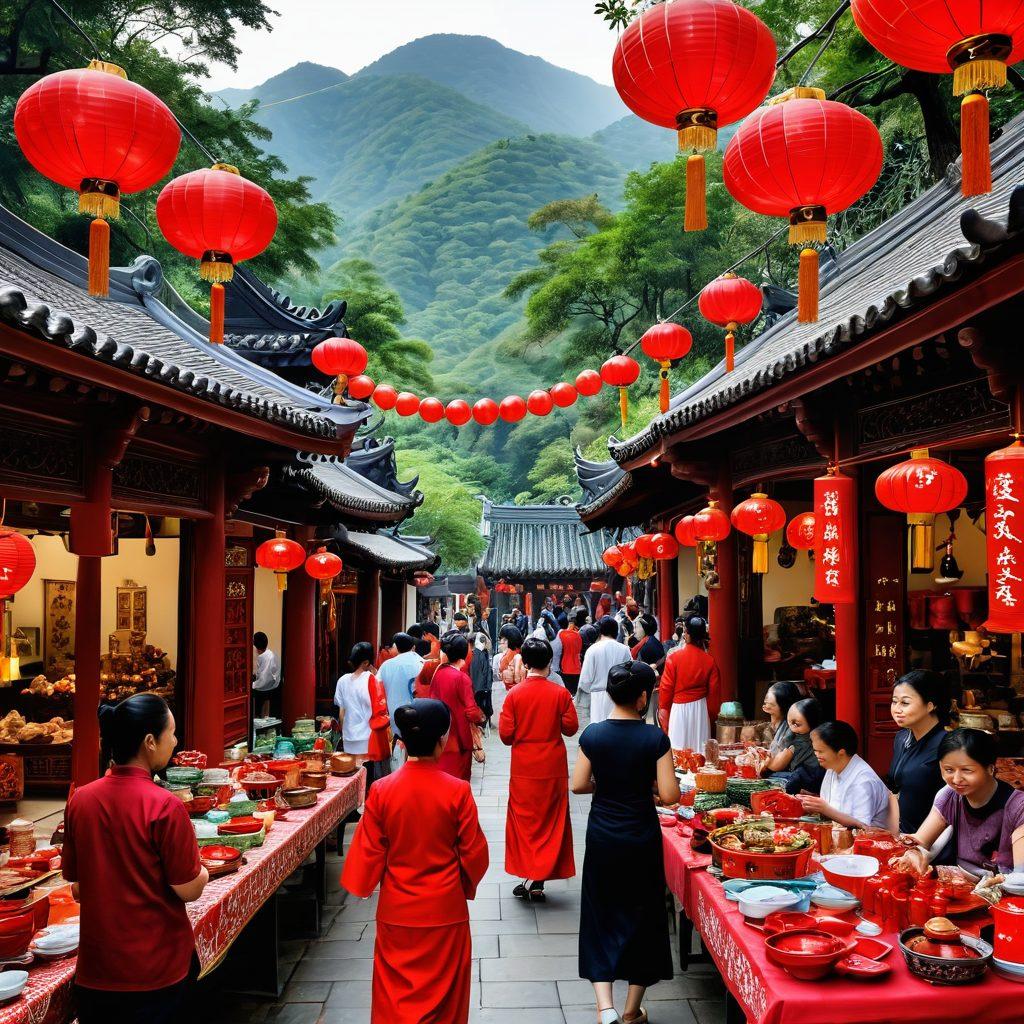 A vibrant marketplace bustling with people excitedly exploring quality Chinese products, adorned with beautiful red lanterns and traditional decorations. Smiling faces of diverse individuals holding various products like tea sets, silk garments, and intricate porcelain, all surrounded by lush greenery. In the background, majestic mountains and traditional pagodas completing the scene. The atmosphere radiates joy and cultural richness. vibrant colors. super-realistic.