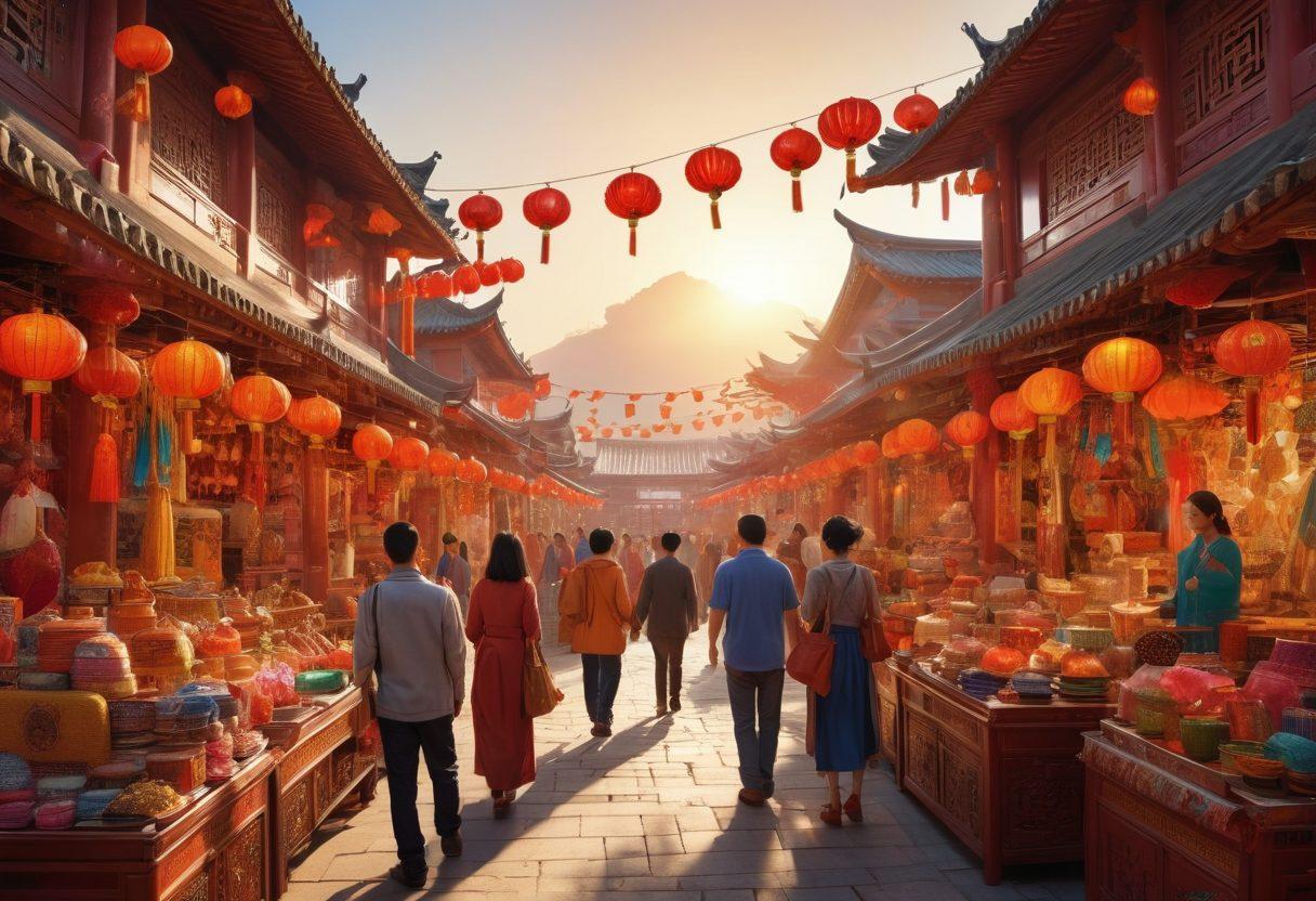 A lively scene of happy shoppers in a vibrant marketplace showcasing unique Chinese products, with colorful stalls filled with traditional artifacts, silk fabrics, and intricate handicrafts. People of diverse backgrounds exchanging smiles, capturing moments with smartphones, and enjoying the atmosphere. The sun setting in the background adds a warm glow to the excitement. super-realistic. vibrant colors. 3D.